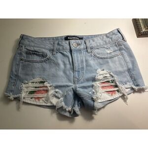 Express Light Denim Shortie Shorts Size 4 Rose Pockets Relaxed Low Rise Cut Offs